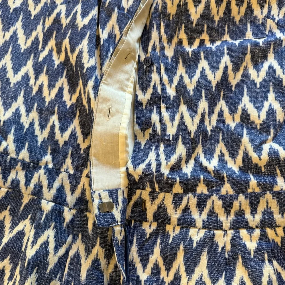 JCrew Structured Blue and Cream Ikat Print Linen Romper 6
